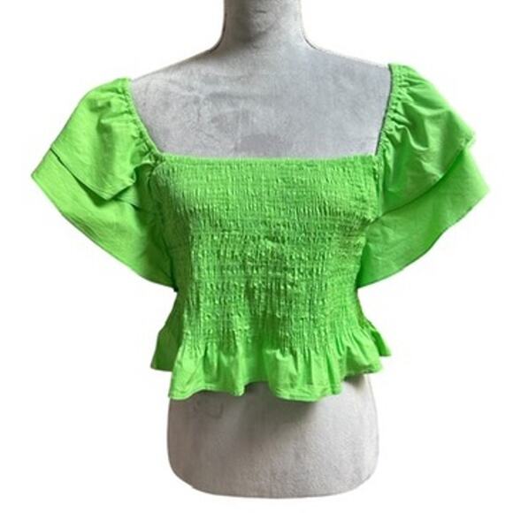 Ramy Brook Bright Green Smocked Flutter Sleeve Crop Top XS Boho Chic Festival - Picture 6 of 9